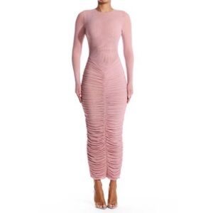 Naked Wardrobe Meshed It All Up Long Sleeve Maxi Dress in Pale Pink.